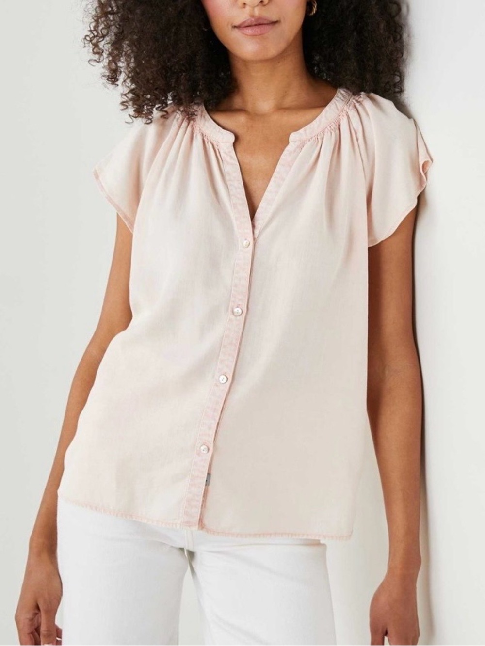 Rails Alena Linen Blend Blush Short-Sleeve Split-Neck Button Blouse Medium